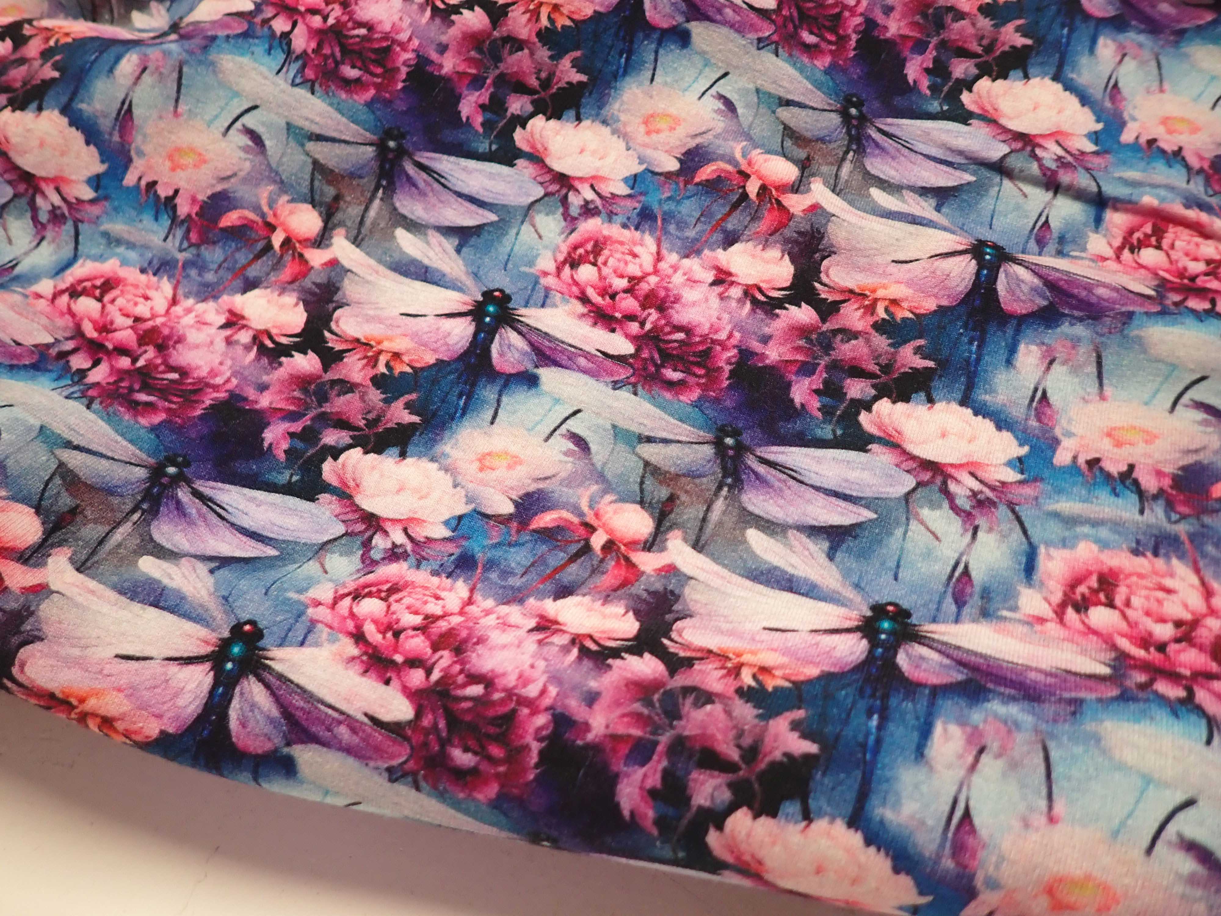 PLETENINA - JERSEY - FOTOTISK - KVĚTY + VÁŽKY