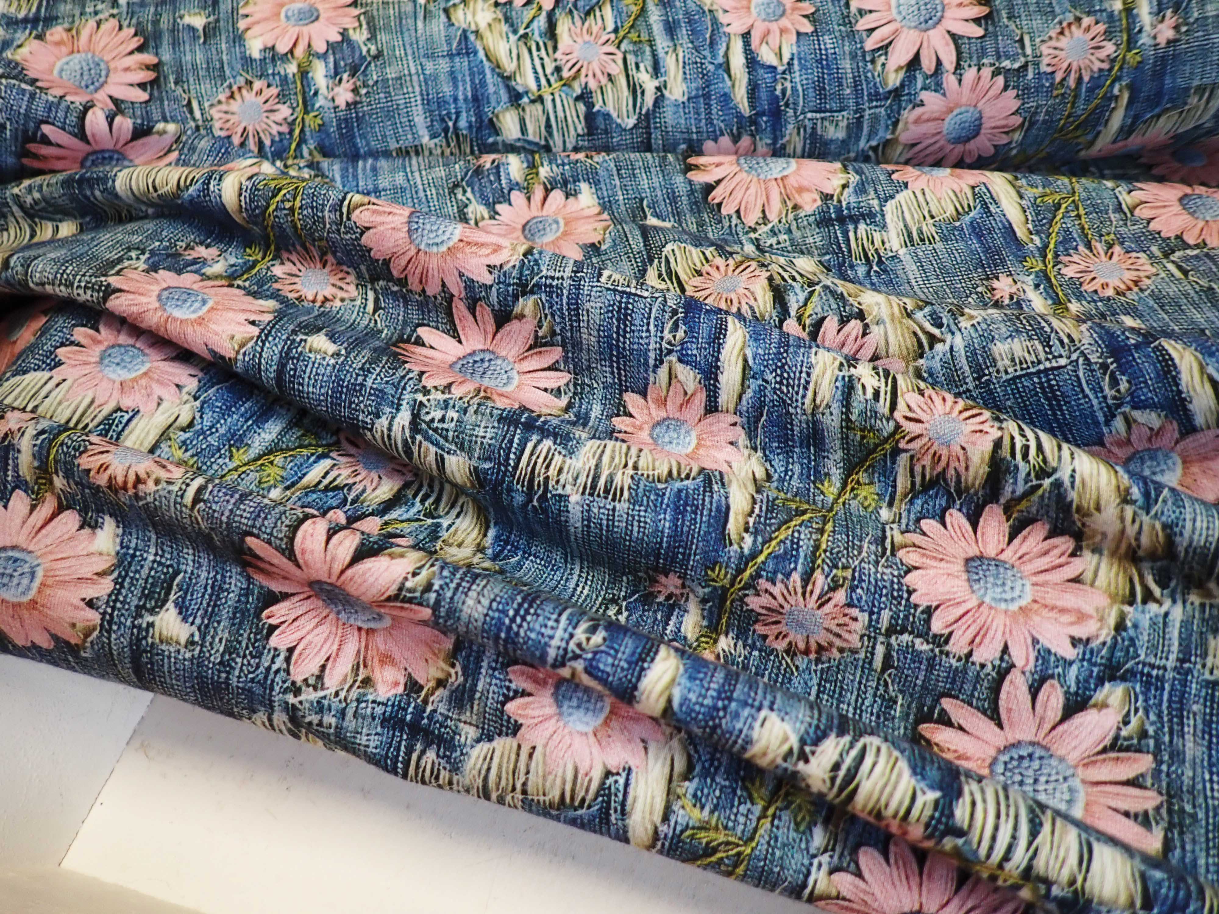 PLETENINA - JERSEY - FOTOTISK - DŽÍNOVÁ + KYTIČKY