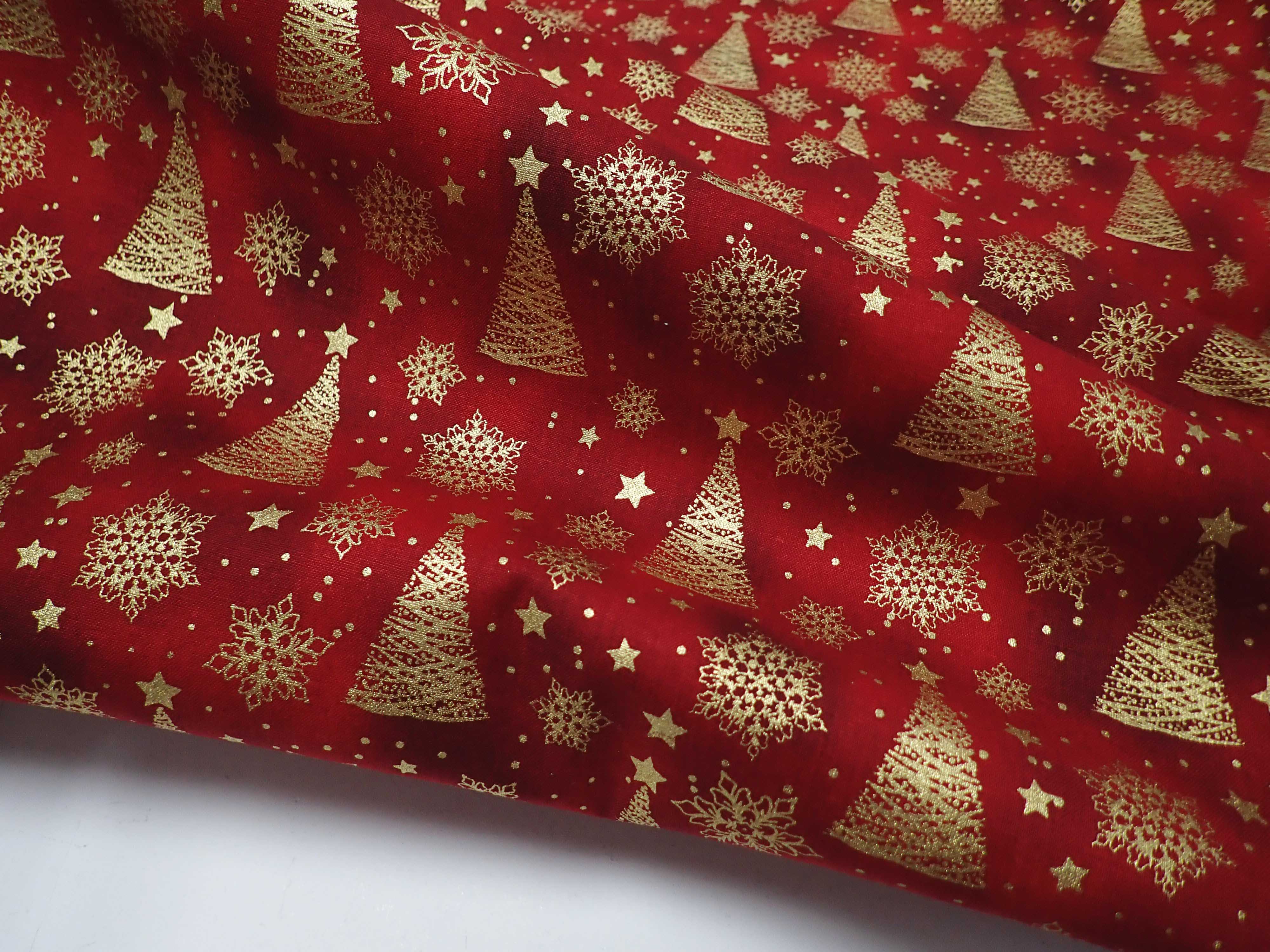 LÁTKA - VÁNOČNÍ - ČERVENÁ + ZLATÉ STROMEČKY