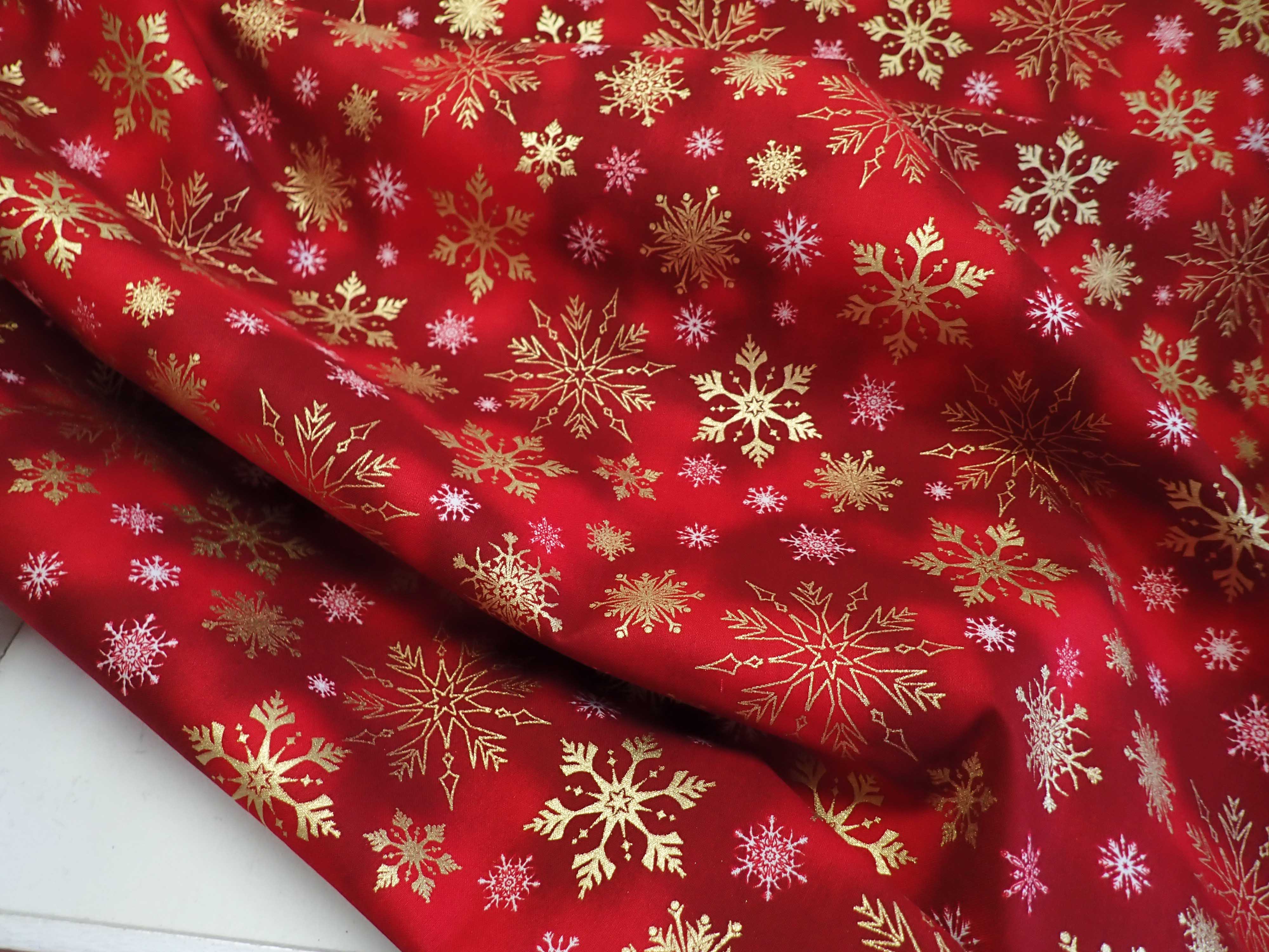 LÁTKA - VÁNOČNÍ - ČERVENÁ + ZLATÉ VLOČKY