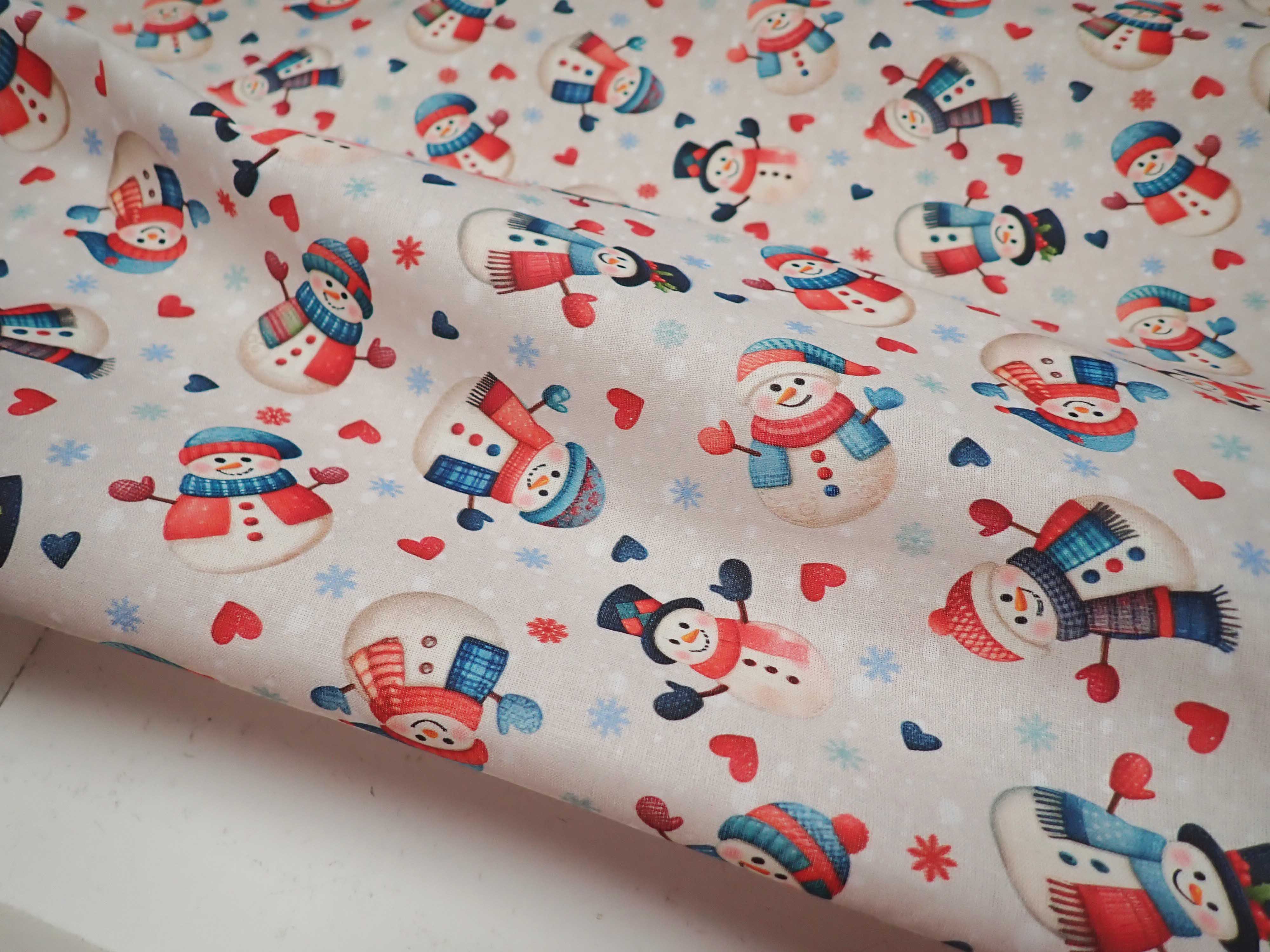 LÁTKA - VÁNOČNÍ PERKÁL - FOTOTISK - SNĚHULÁCI + VLOČKY