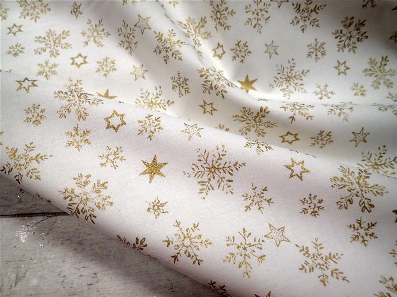 LÁTKA - VÁNOČNÍ - BÍLÁ + ZLATÉ VLOČKY + HVĚZDIČKY