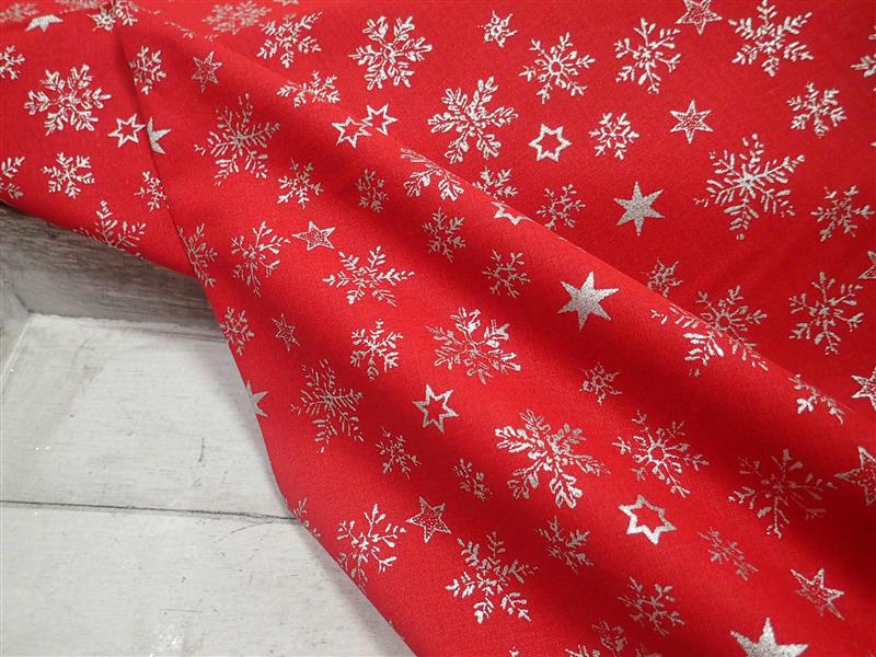 LÁTKA - VÁNOČNÍ - ČERVENÁ + STŘÍBRNÉ VLOČKY + HVĚZDIČKY