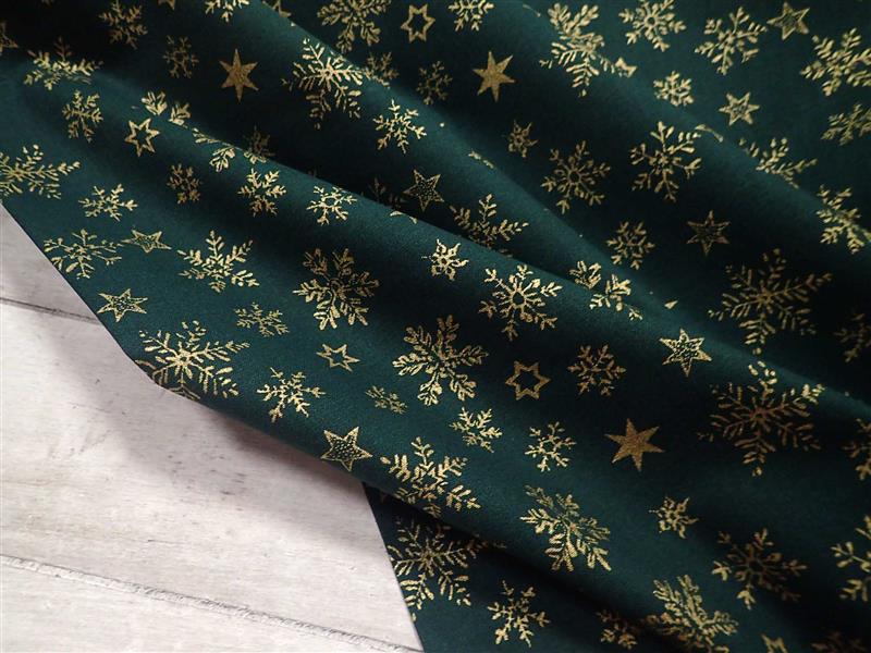 LÁTKA - VÁNOČNÍ - ZELENÁ + ZLATÉ VLOČKY + HVĚZDIČKY